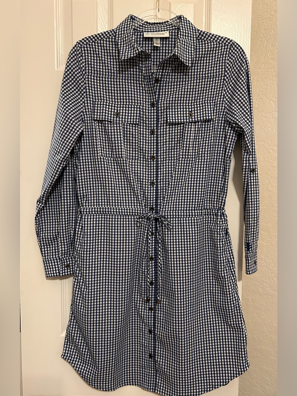 Coolibar Navy and White Gingham Button-Down Napa Travel Shirt Dress